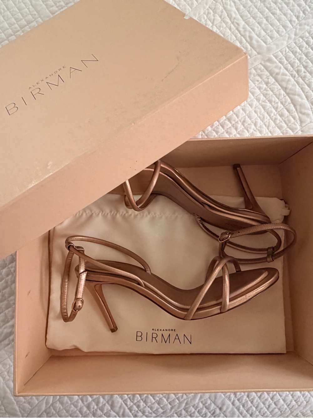 Alexandre Birman Rose Gold/Bronze Iridescent Strappy Stiletto Sandals